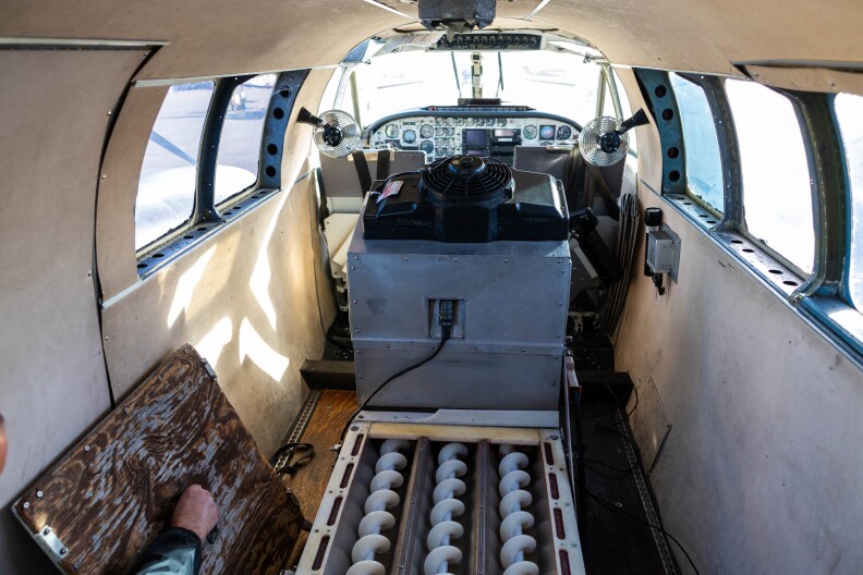 The inside of a small airplane.