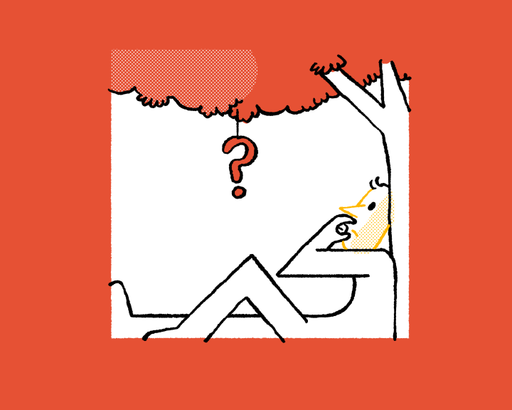 An illustration of a person sitting under a tree with a question mark dangling in front of him.