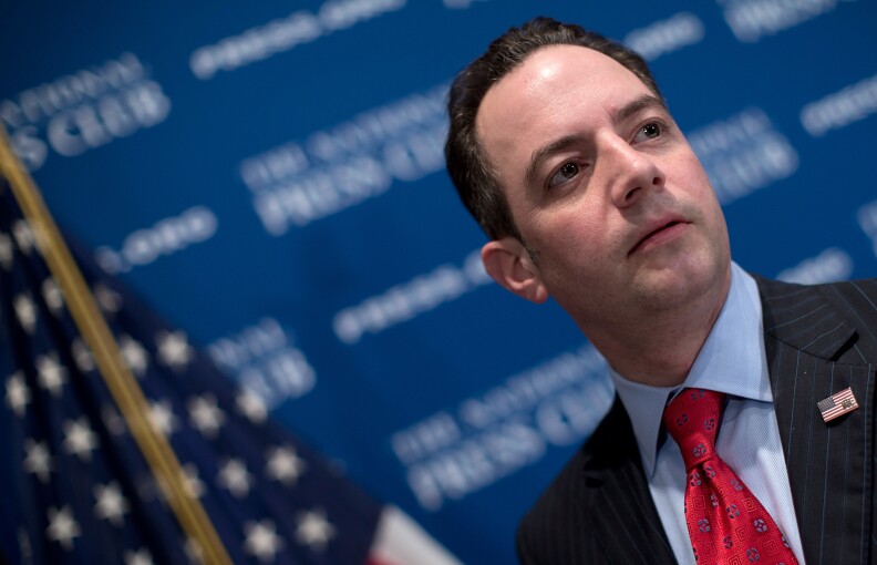 Republican National Committee Chairman Reince Priebus talks with members of the press after speaking at the National Press Club March 18, 2013 in Washington, DC. During his remarks on a recent "autopsy" held by the RNC on its shortcomings in the 2012 presidential campaign, Priebus announced a series of recommendations including fewer presidential debates, an earlier national convention, and community outreach programs in addition to other new initiatives.