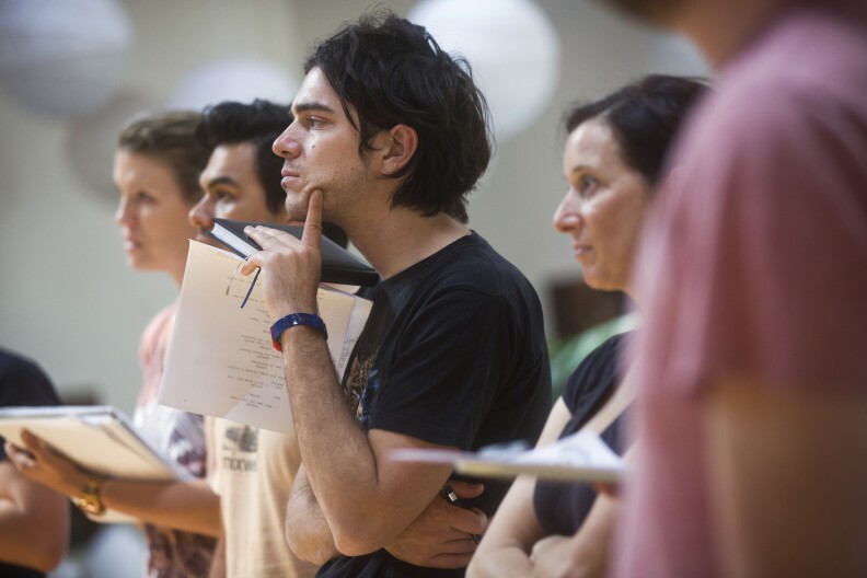 Morgan Krantz listens during the final day of Joan Scheckel's three-day lab on Sunday, May 3, 2015 at Scheckel's Hollywood studio called "The Space."