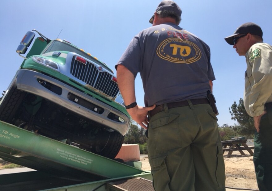 Staff at the San Dimas Technology and Development Center use this bed to see how much incline fire trucks can take before they start to tip over.