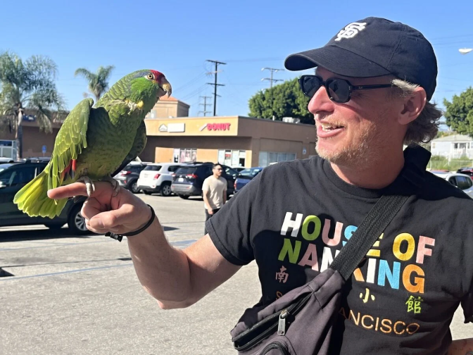 Man with light-tone skin wears a black baseball cap and sunglasses holds green parrot in a parking lot.