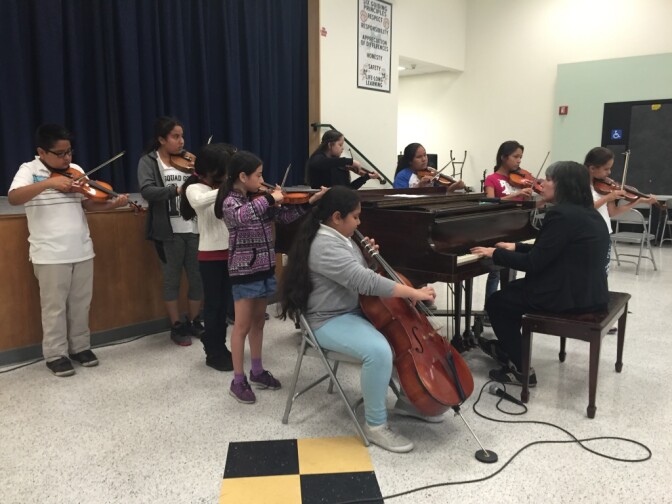 Throughout this school year, music teacher René Rowland has scrounged together enough instruments for 30 students. Some of these came from the district and some were donated to the school. 
