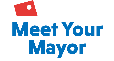 Graphic with Meet Your Mayor text and red ballot sticking out of the top