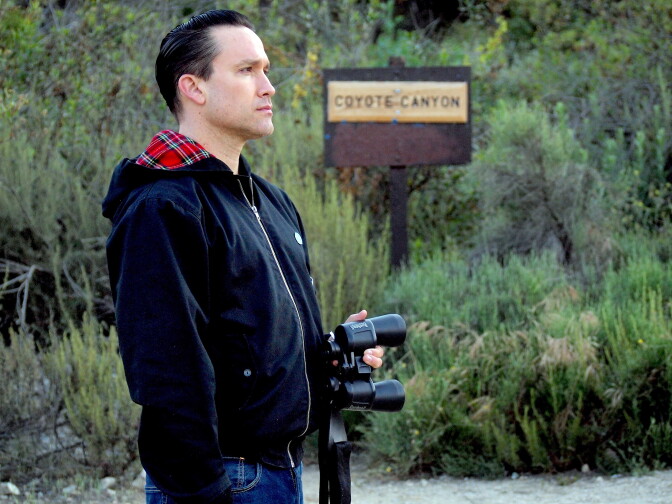 Jamie Stewart of the band Xiu Xiu birdwatching at Eaton Canyon Natural Area in Pasadena