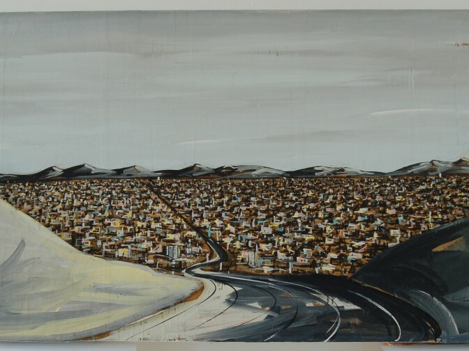 Karla Klarin, Valley View, 1984 / Acrylic paint on 3­D construction, 30 in. x 60 in.