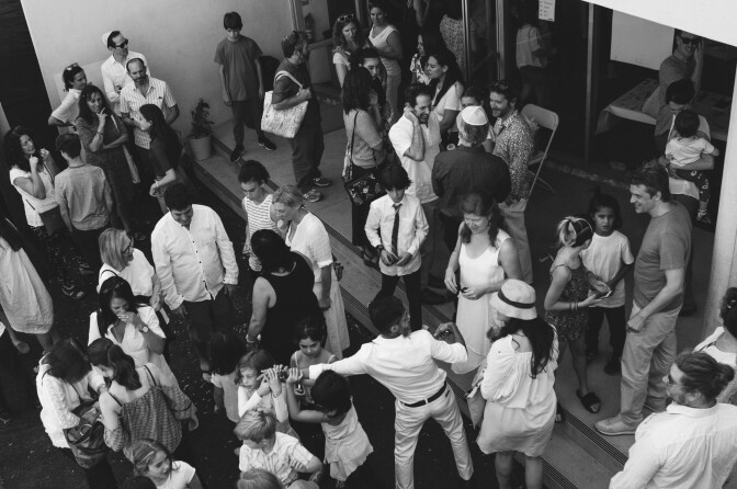 Crowds gathering outside the Siliverlake Indepedent Jewish Community Center before Yom Kippur service. 