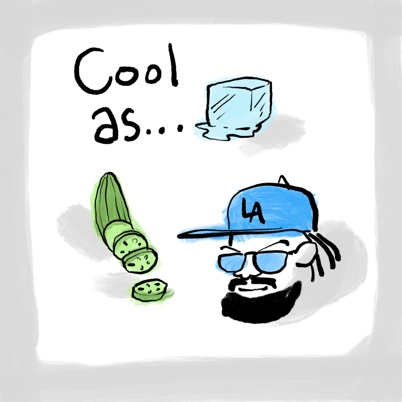 Text: "Cool as..." with an image of an ice cube, a cucumber, and a person in an L.A. Dodgers hat with a beard and mustache, behind glasses.