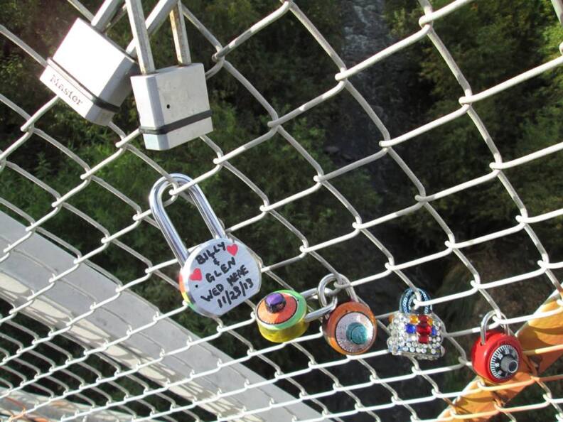 'Love locks' clipped to a bridge over the L.A. River in Atwater Village.