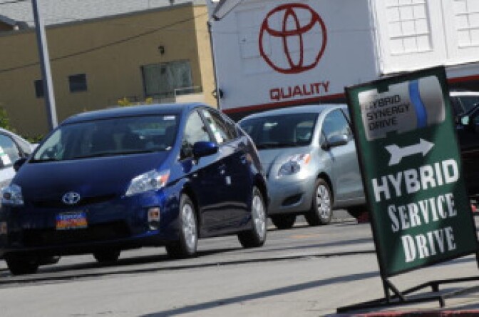 A Toyota Prius hybrid model car waits for customers at a Toyota dealer in Hollywood, California on March 10, 2010.