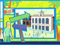 A bright illustration of a school, a parent walking with their child, a two-story tan building with arched windows, a magnet, a clipboard held by two hands and other school imagery.