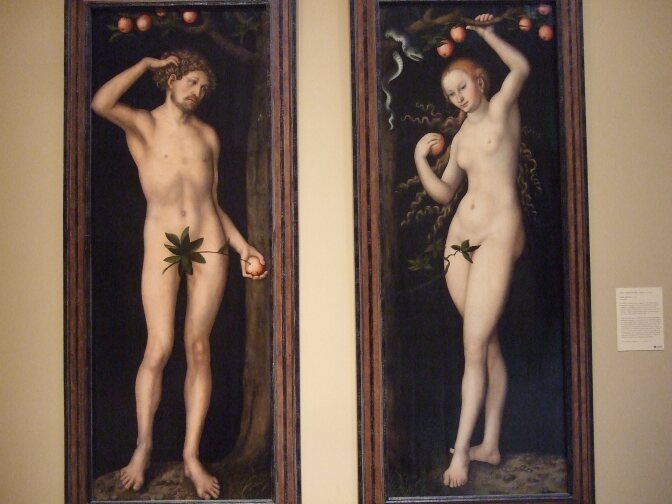 Paintings of Adam and Eve by Lucas Cranach the Elder at the Norton Simon Museum in Pasadena.