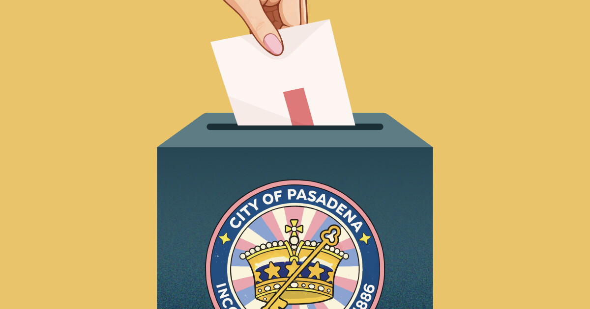 A hand is dropping a ballot into a green ballot box. The box has the seal of the city of Pasadena on the front of it.