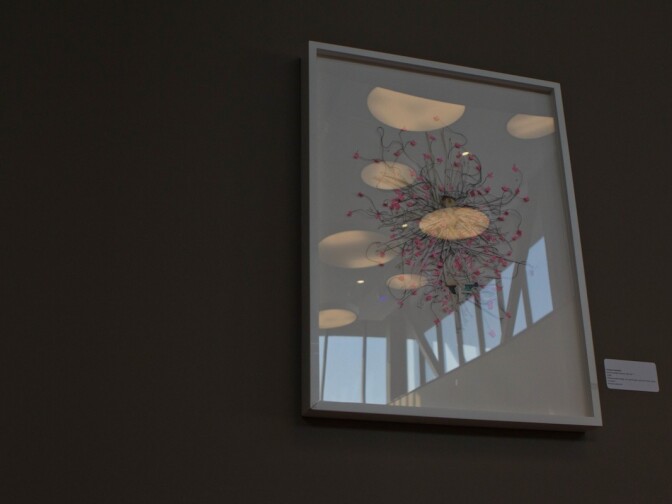 Enrique Castrejon's work Black Spotlight Special Post-Op T reflects the light inside the Crawford Family Forum.