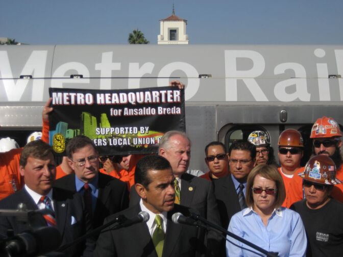 Mayor Antonio Villaraigosa says the new AnsaldoBreda manufacturing plant and headquarters in downtown Los Angeles will employ 600 workers, create 1,000 temporary construction jobs, and add more than a thousand support jobs in the region.