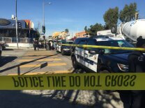 A heavy police presence is seen outside Belmont High School/Castro Middle School following a shooting Thursday morning.