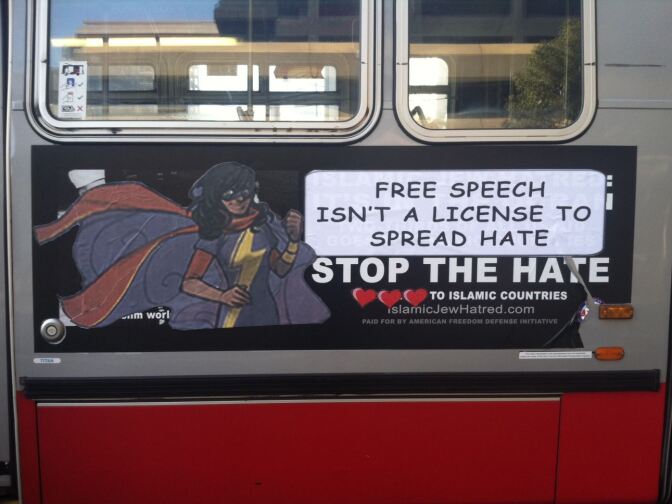 An image of Kamala Kahn, or Ms. Marvel, was pasted over anti-Islamic bus ads in San Francisco. 
