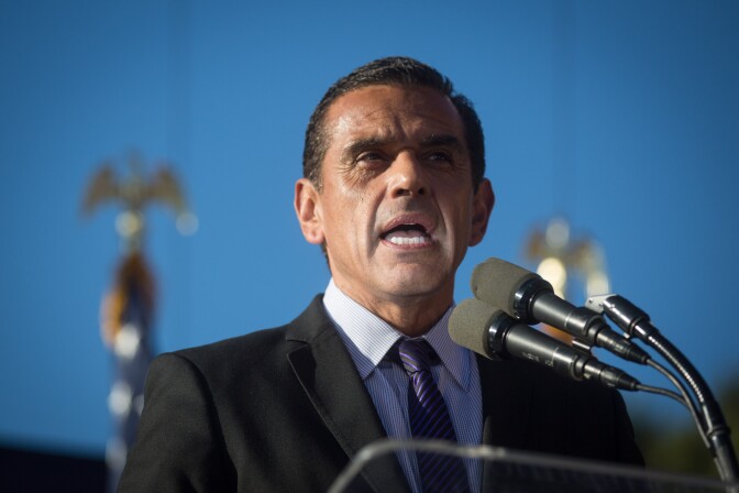 Then-Los Angeles Mayor Antonio Villaraigosa talks to the gay marriage supporters at a rally for two Supreme Court decisions legalizing gay marriage in California.