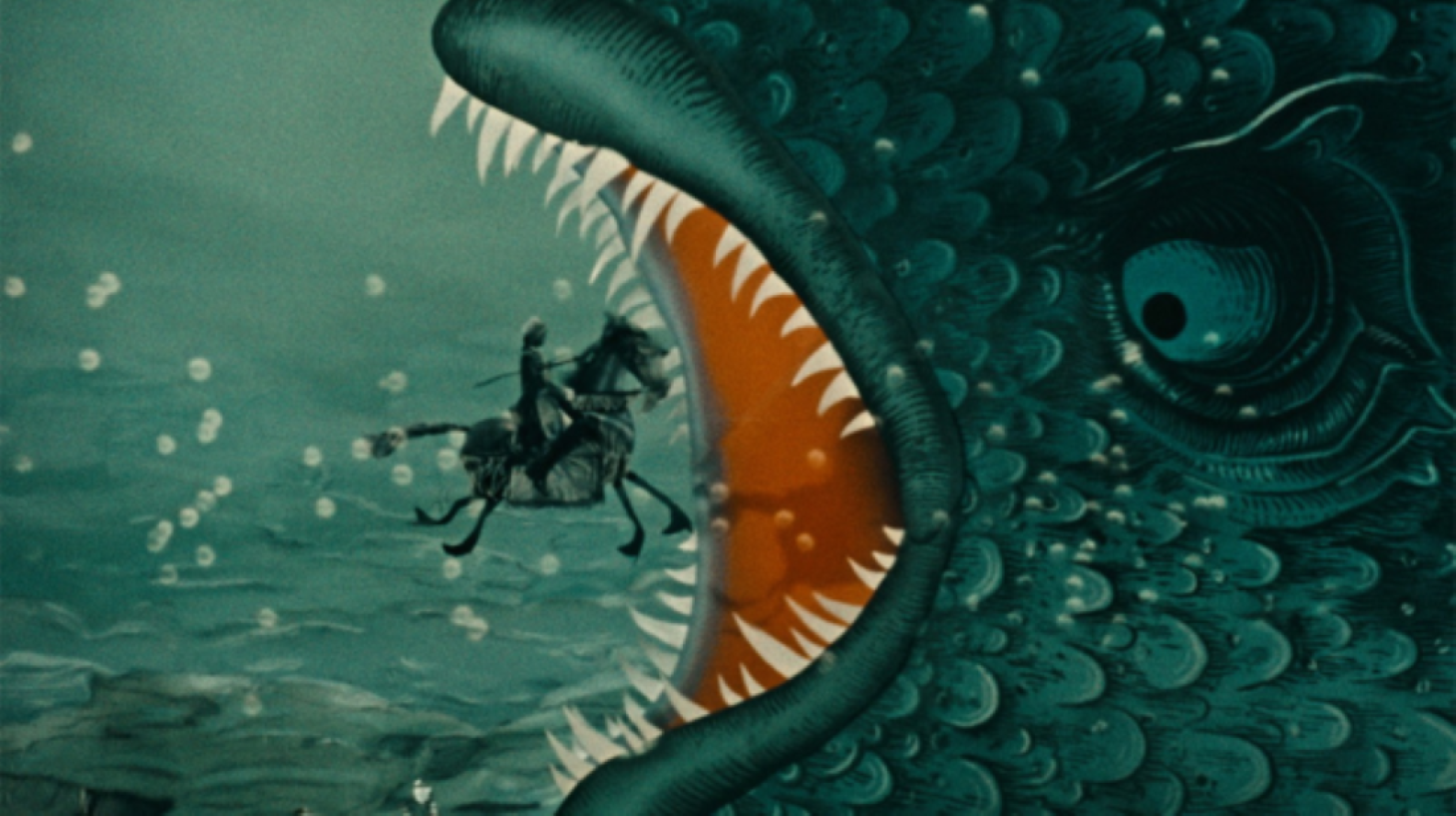 Art of a large fish with its mouth open, poised to swallow a soldier on a horse, from the film 1962 "The fabulous Baron Munchausen."