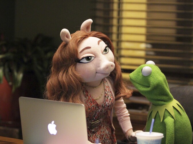 Kermit the Frog with new Muppets character Denise.