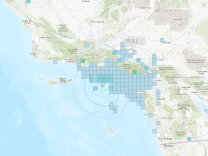 A map of the Southern California Coast has a series of blue squares indicating wher reports came in from people who felt a 4.2 earthquake
