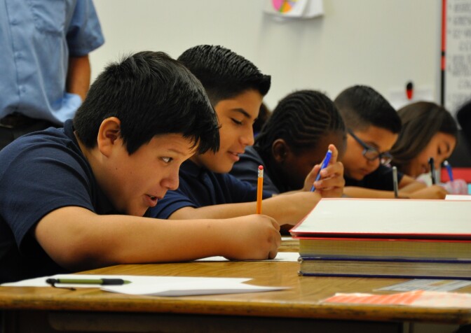 Students at Leland Street Elementary School in Los Angeles' San Pedro neighborhood work on a writing assignment on Aug. 21, 2017.