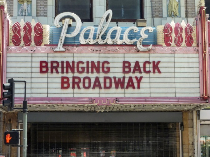 Palace, 630 S. Broadway, Los Angeles, CA 90014, United States.

The Palace opened as The Orpheum theatre in 1911. G. Albert Lansburgh and Robert Brown Young designed this lovely French renaissance palazzo. The theatre seated  2200 with 2 balconies. In 1926, when the Orpheum Circuit moved to its new theatre further down Broadway, this Orpheum was given the name Broadway Palace, which was displayed on the marquee and used in advertisements for the theatre. The name didn't become simply the Palace Theatre until sometime later. The inclusion of the street name in the theatre's name may have been to distinguish it from an earlier Palace Theatre which had been located nearby on Seventh Street, and which had closed only a few years before. 

During the 1930's the Palace Theatre was operated by Fox West Coast Theatres, as was the Los Angeles and Loew's State Theatre. During the 1940's, the Palace was part of the Principal Theatres Corp. of America chain. And then in the 1950's it became part of the Metropolitan Theatres chain. It was one of the longest running movie palaces in the country until it closed, along with the Orpheum, in late 2000. The Palace Theatre marquee  was repaired and restored in 2006 after location shooting for the musical “Dreamgirls.”

Sources: <a href="http://cinematreasures.org/theater/14/" rel="nofollow">Cinema Treasures/</a> and <a href="http://sites.google.com/site/downtownlosangelestheatres/palace-theatre" rel="nofollow">Downtown Los Angeles Theatres</a>.