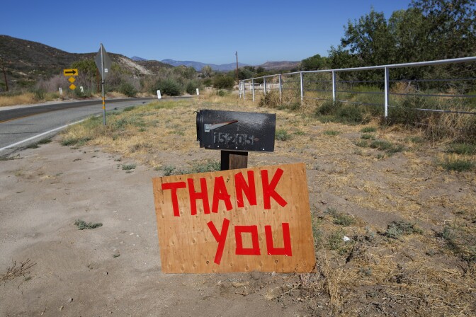 A message of thanks left on highway 173 for the fire fighting crews working on the Pilot Fire in California on August 9th, 2016. 