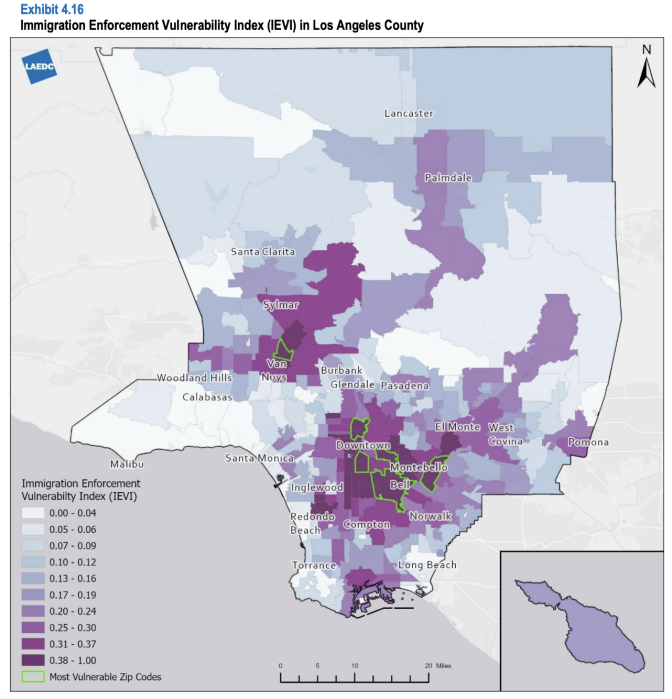 A map shows the vulnerability of neighborhoods in L.A. County by color, with dark areas concentrated in the core, south and northwest of the county.