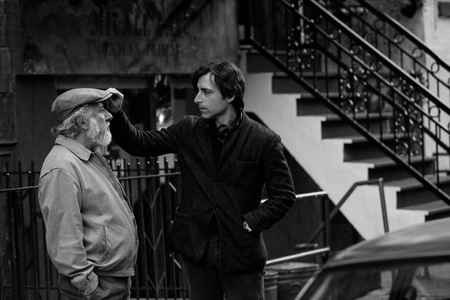 Dustin Hoffman and director Noah Baumbach on the set of "The Meyerowitz Stories."