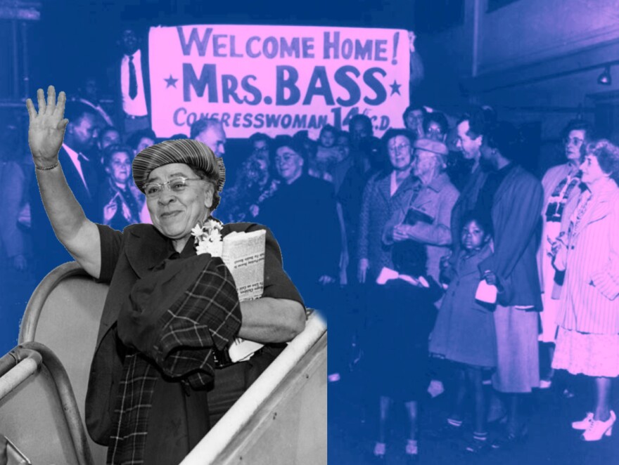 Charlotta Bass waves. Behind her, in another photo, adults and children stand underneath a sign that reads, "Welcome Home! Mrs. Bass, Congresswoman, 14th C.D."