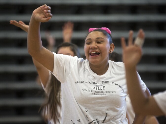 Seventh grader Keoni Franklin takes part in the four-day Alvin Ailey Revelations Residency at Rancho Dominguez Preporatory School in Long Beach on Thursday, March 12, 2015. The workshop is 90 minutes each day.