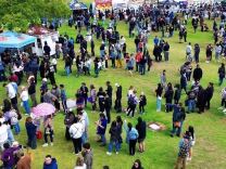 A crowd of people stand on a grass field and surround multiple canopies.