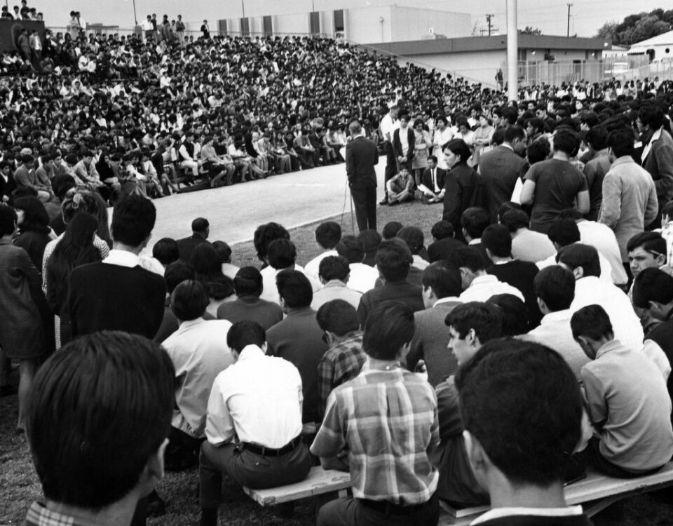 Garfield High School students gather for a special assembly on March 7, 1968, as principal Reginald Murphy (center) appeals to students to return to class.