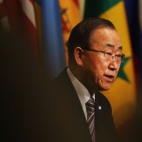 United Nations Secretary-General Ban Ki-moon makes comments to the media before the Security Council holds a closed-door meeting on January 6, 2016 in New York City.