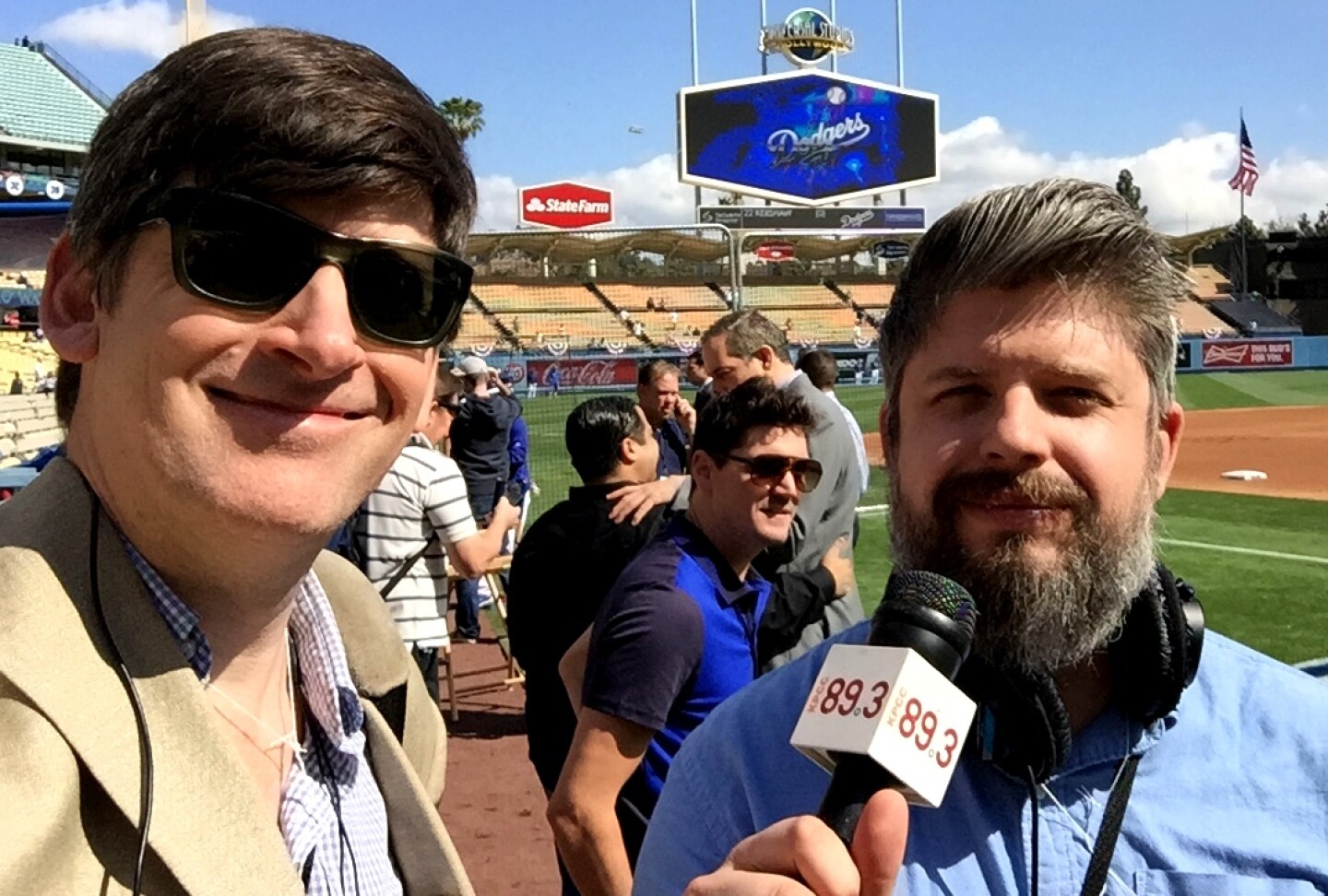 Off-Ramp host John Rabe and producer Kevin Ferguson, Dodgers Opening Day 2015.