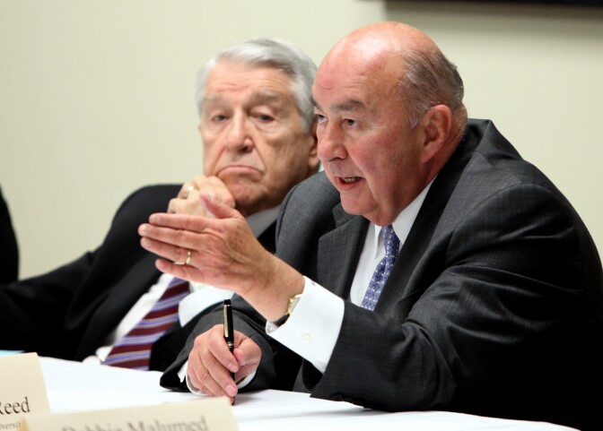 California State University Chancellor, Charles Reed, right, discusses the effects of past budget cuts to the state's three higher education systems, as Community College Chancellor, Jack Scott, left, looks on at a meeting with Gov. Arnold Schwarzenegger at the Capitol in Sacramento, Calif., Tuesday, April 27, 2010.