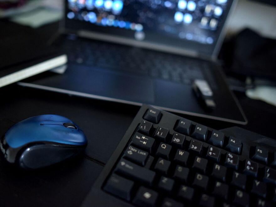 A computer mouse, keyboard and monitor.