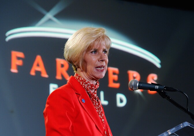 LOS ANGELES, CA - FEBRUARY 01:  Los Angeles Councilwoman Janice Hahn speaks during news conference for the naming rights of the new downtown Los Angeles football stadium and event center named Farmers Field at Los Angeles Convention Center on February 1, 2011 in Los Angeles, California. Hahn announced Febbruary 7, 2011 that she plans to run for U.S. House seat of outgoing Representative Jane Harman, who will resign to head the Woodrow Wilson International Center for Scholars, a nonpartisan institution for advanced study.  (Photo by Kevork Djansezian/Getty Images) *** Local Caption *** Janice Hahn
