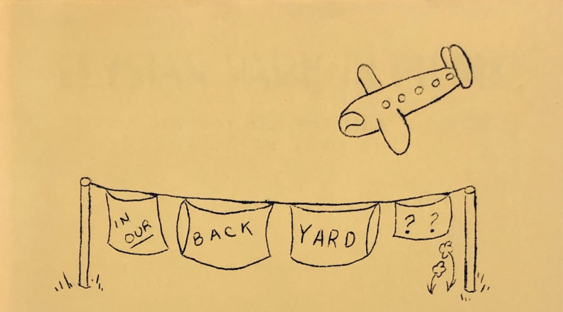 A crude, child-like drawing depicts an aircraft flying over a clothesline with four sheets hanging down. From left, the sheets read In Our, Back, Yard, ??