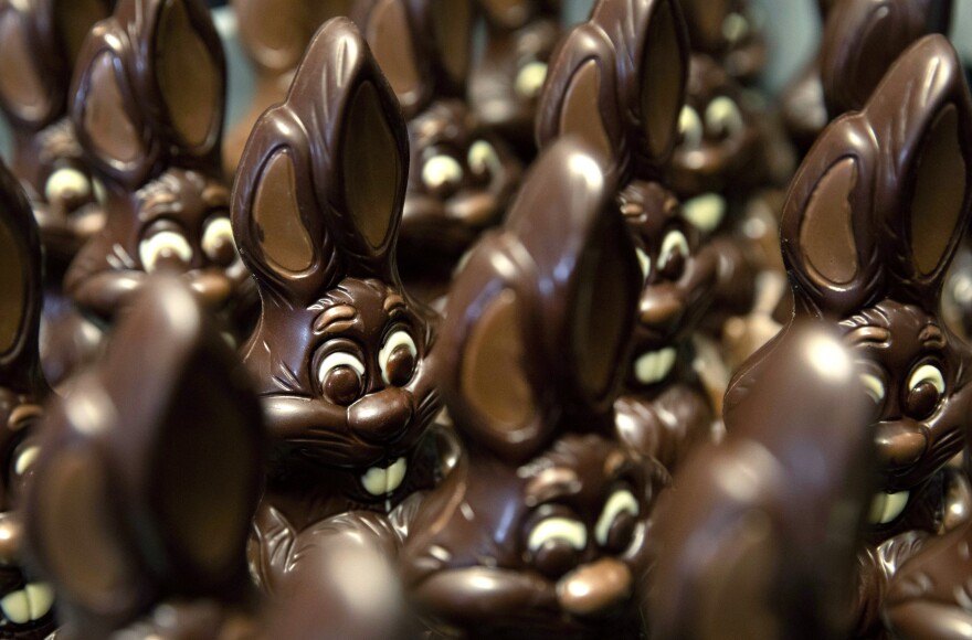 Rows of chocolate Easter bunnies stare off to the lower right.