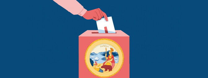 Graphic of a person's hand placing a ballot in a ballot box decorated with the California state seal