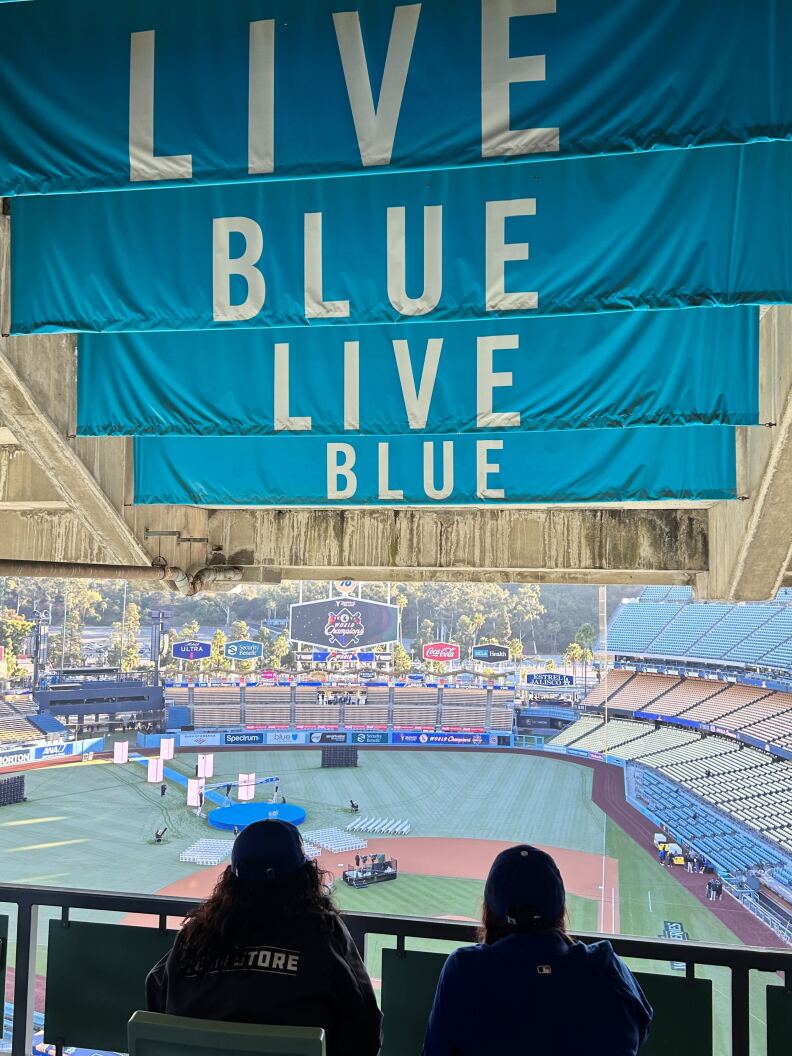 An empty stadium. In the foreground two people sit with their backs facing the camera. At the top of the image four blue flags hang reading "Live, Blue, Live, Blue."