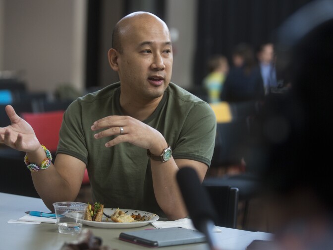 Eugene Hung, a parent in the Lowell Joint School District, speaks during a roundtable discussion on Common Core at KPCC's Crawford Family Forum  on Tuesday, March 17, 2015.