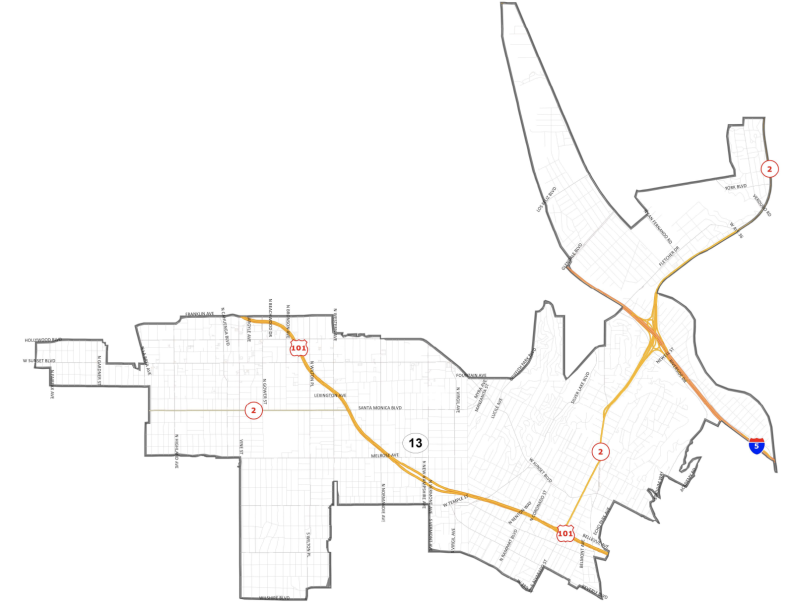 Map shows boundaries of District 13 which includes all or some of the following communities of Atwater Village, East Hollywood, Echo Park, Elysian Valley, Glassell Park, Historic Filipinotown, Hollywood, Larchmont Village, Little Armenia, Melrose Hill, Rampart Village, Ridgewood-Wilton, Silver Lake, Spaulding Square, St. Andrews Square, Sunset Square, Thai Town, Verdugo Village, Virgil Village, Western-Wilton, Westlake, Wilshire Center and Windsor Square. 