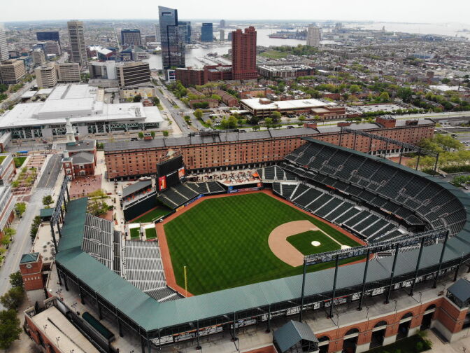 BALTIMORE, MD. - APRIL 29: An aerial view from a drone shows the Camden Yards baseball stadium on April 29, 2020 in Baltimore, Maryland. Baseball season has been put on hold due to states enacting stay-at-home orders and banning all non-essential travel to slow the spread of the coronavirus. (Photo by Mark Wilson/Getty Images)