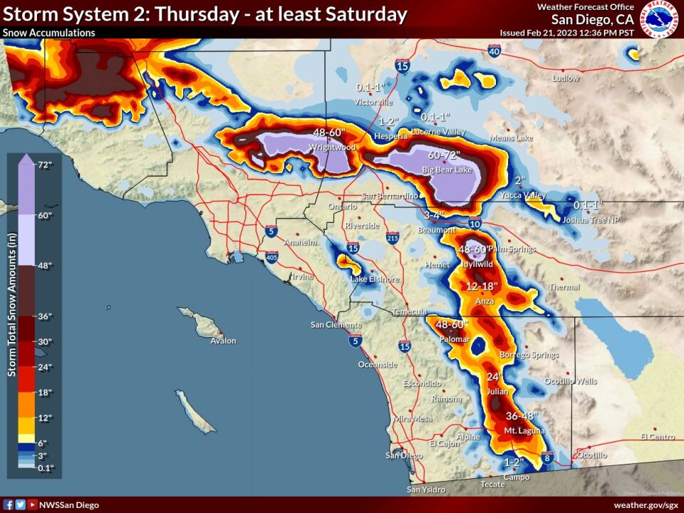 A map of Southern California shows large portions of mountainous areas covered in red to purple indications snowfall of up to 6 feet.