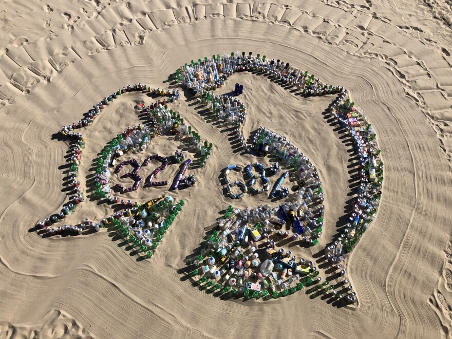 One person's annual drink container usage makes up this pie chart. The smaller dolphin represents the 32 percent of bottles, cans and cartons that are recycled. The other 68 percent is thrown away.