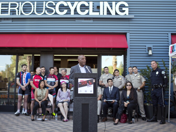 Steven Bradford, the Democratic Assembly member for the 62nd district of the California State Assembly, speaks during a press conference for the Three Feet for Safety Act on Wednesday, Sept. 10 at Serious Cycling in Northridge.