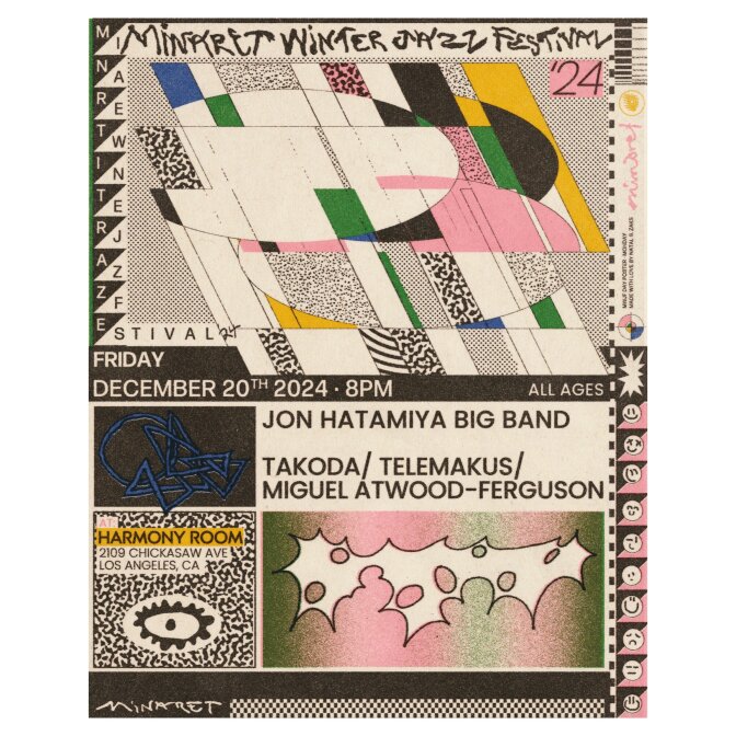 A flyer with abstract shapes and patterns colored with muted tones of pink, green, yellow and blue. It's advertising a jazz concert happening Friday, December 20.